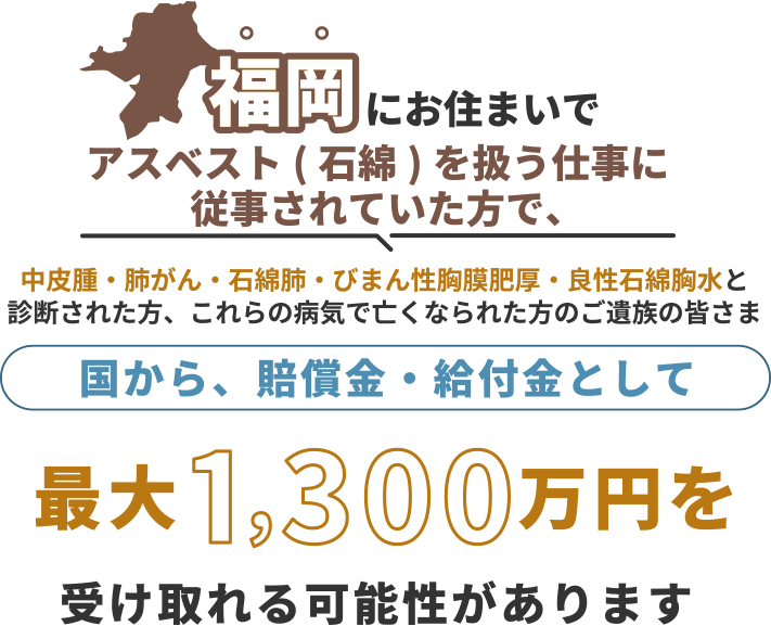 福岡にお住まいで、アスベスト(石綿)を扱う仕事に従事されていた方で中皮腫・肺がん・石綿肺・びまん性胸膜肥厚・良性石綿胸水と診断された方、これらの病気で亡くなられた方のご遺族の皆さま 国から、賠償金・給付金として 最大1,300万円を 受け取れる可能性があります